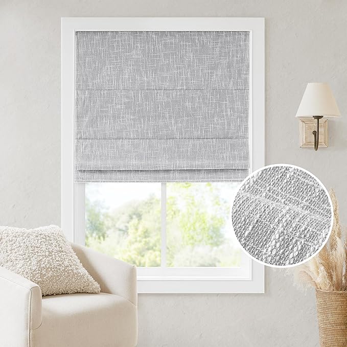 Madison Park Cordless Roman Shades, Total Blackout Window Blind Privacy Window Shades, Thermal Insulated Cordless Window Treatment for Bedroom, Living Room, Quincy, Single Panel 34"W x 64"H Light Grey