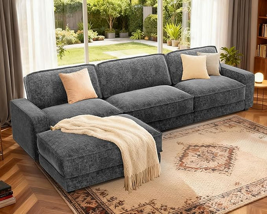 Sunny Heart 120" L-Shaped Modular Sectional Sofa, Oversized Cloud Couch with Movable Ottoman, 4-Seat Chenille Deep Seat Sofa with Pillow, Sectional Couches for Living Room, Apartment, Dark Grey