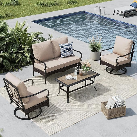 MFSTUDIO 4 Pieces Outdoor Patio Furniture Set, Metal Outdoor Conversation Set, Rattan Wicker Patio Sectional Sofa Set with 2 x Swivel Single Sofa, 2-Seat Sofa, 1 x Coffee Table, Beige