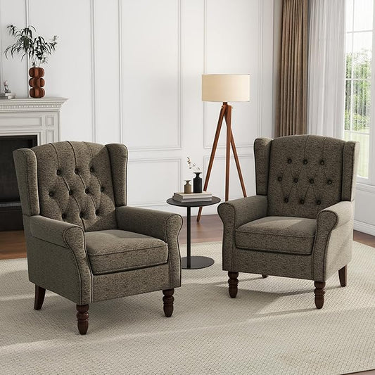 UIXE High Back Accent Chairs Set of 2, Fabric Upholstered Armchair Wingback Arm Club Chair for Living Room, Comfy Single Sofa Bedroom Reading Seat with Solid Wood Legs - Taupe