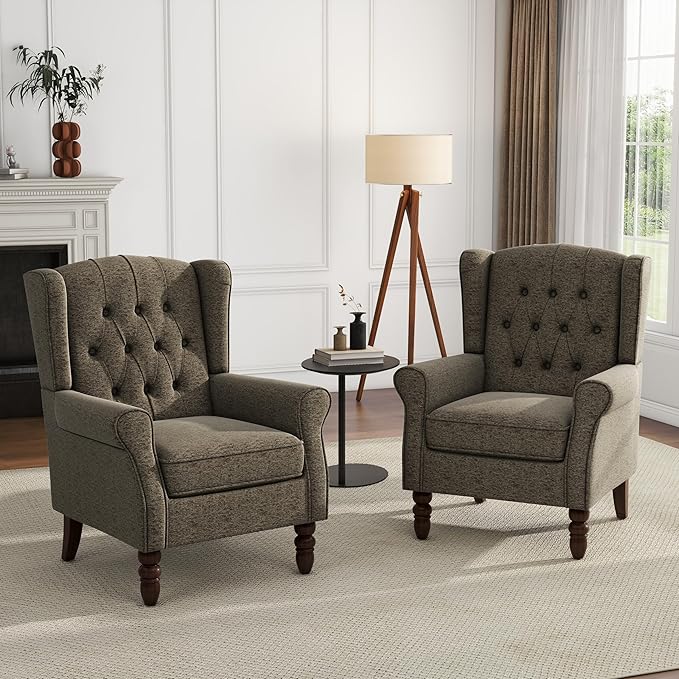 UIXE High Back Accent Chair, Fabric Upholstered Armchair Comfy Wingback Arm Club Chair for Living Room, Retro Single Sofa Bedroom Reading Seat with Solid Wood Legs - Taupe