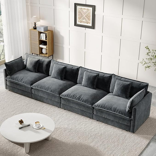 Modular Sectional Sofa, 146.5 Inch I-Shaped Cloud Sofa with Deep Seat Chenille Sofa with Cushions, Four Seater Sectional Sofa for Living Room Apartment,Gray