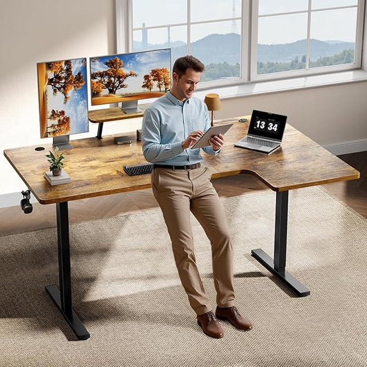 L-Shaped Standing Desk - 63 Inch Adjustable Corner Standing Desk with Flexible Monitor Stand, Electric Sit Stand Computer Table with Memory Controller for Home Office