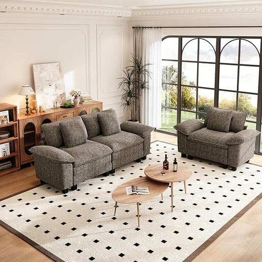 PHI VILLA Cloud Modular Couches Sets, 2 Pieces Sectional Sofa Set with Loveseat, 3-Seater Comfy Couch for Living Room Apartment, Chenille Fabric, Smoky Grey