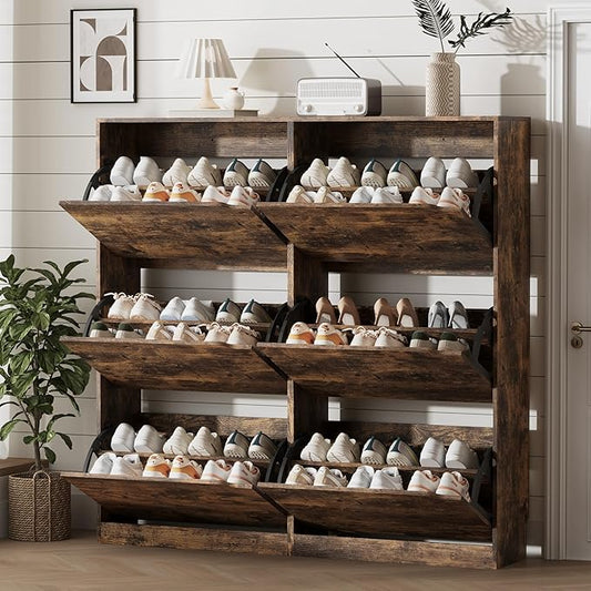 Shoe Storage Cabinet for Entryway with 6 Flip Drawers, Sturdy Wood Hidden Shoe Storage, Freestanding Narrow Slim Shoe Organizer for Front Door Entrance, Living Room, Hallway, Bedroom, Brown