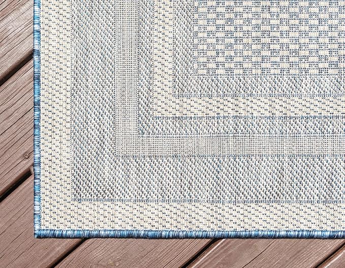 Unique Loom Outdoor Border Collection Area Rug - Soft Border (10' x 14' 1" Rectangle, Blue/ Ivory)