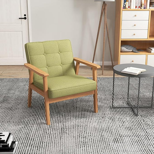 KCC Mid-Century Modern Linen Fabric Accent Chair, Upholstered Tufted Leisure Chair Comfy Reading Side Chair with Armrest and Solid Wood Frame for Living Room Bedroom Balcony(Green)