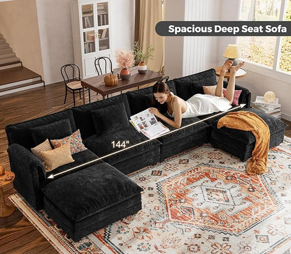 ELUCHANG 150" Modular Sectional Sofa, Comfy Deep Seat Cloud Couch, 6 Seater U Shaped Modern Sofa with Removable Cover for Living Room, Apartment, DIY Combination, Chenille Black