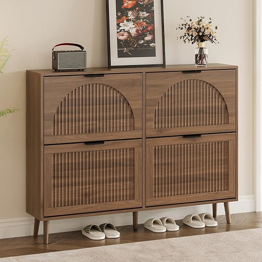 Shoe Cabinet for Entryway with 4 Flip Drawers, Slim Wooden Shoe Storage Organizer with Modern Fluted Pannel，Freestanding Narrow Hidden Shoe Rack for Hallway, Foyer, Living Room