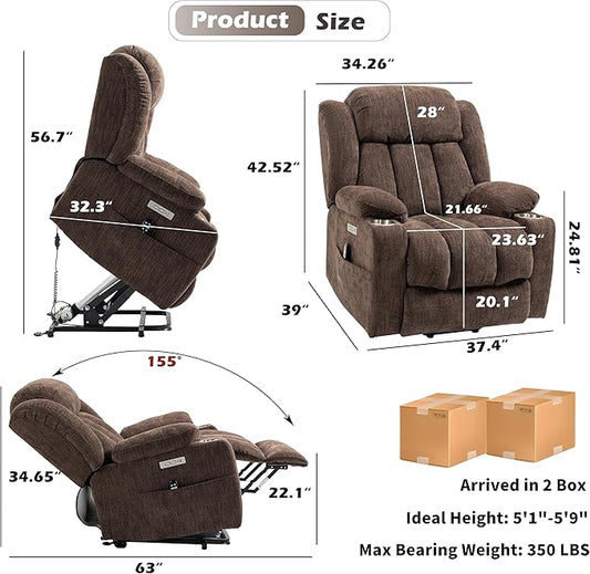 Power Lift Chair for Elderly, Electric Recliner Chair with 8-Point Vibration Massage and Lumbar Heating, Charging Ports, Cup Holders, Standing Assistance Reclining - Brown