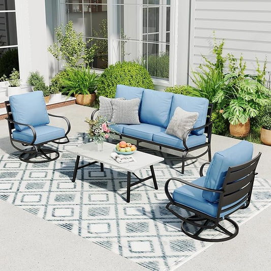 Sophia & William Patio Furniture Sets 5 Seats Outdoor Metal Conversation Sets 4 Pcs with 2 x Cushioned Swivel Sofa Chairs,1 x 3-Seat Sofa, 1x Marbling Metal Coffee Table Lawn Backyard Poolside Blue
