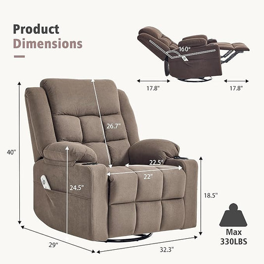 Swivel Rocker Recliner Chair for Adults with Massage and Heat, Cup Holders and Side Pockets, Glider Rocking Reclining Single Sofa Chair for Living Room (Coffee)