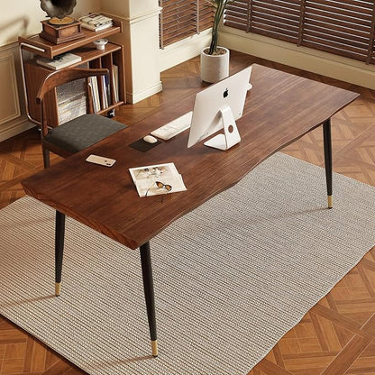 Solid Wood Desk 55 inches, Home Office Computer Desk Wooden Rustic Writing Desk Metal Modern Simple Design Executive Real Wood Desk(Walnut)