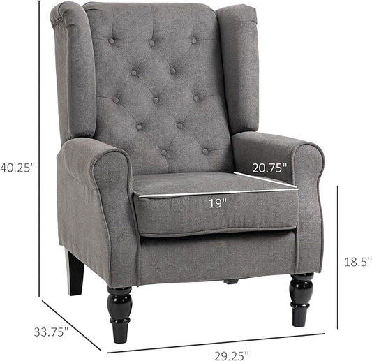 HOMCOM Mid-Century Modern Accent Chair, High Wingback Chair, Button-Tufted Upholstered Fabric Armchair with Retro Wood Legs for Living Room, Bedroom, Dark Gray
