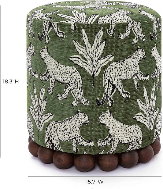 First of a Kind Ottoman Foot Rest - Olive Green Round Ottoman Stool with Solid Wood Spherical Orbs - 15.7" W x 15.7" D x 18.3" H - Handmade, Easy Clean, 330 lbs Weight Capacity