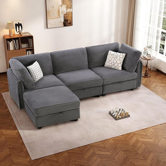 KKL Modular Sectional Sofa L-Shaped 4 Seater Couch with Storage Ottoman, Plush Wide-Wale Corduroy Couch for Living Room, Apartment, Modern Design, Gray