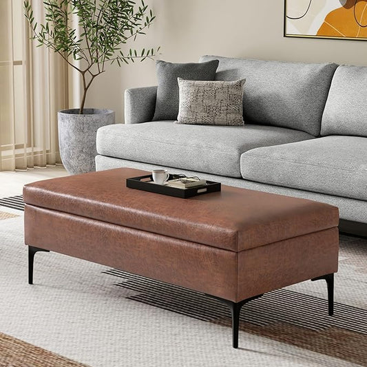 SIMPLIHOME Rebecca 48 inch Wide Mid Century Modern Rectangle Large Coffee Table Storage Ottoman with Lift up Lid in Distressed Saddle Brown Faux Leather for The Living Room, Entryway and Family Room
