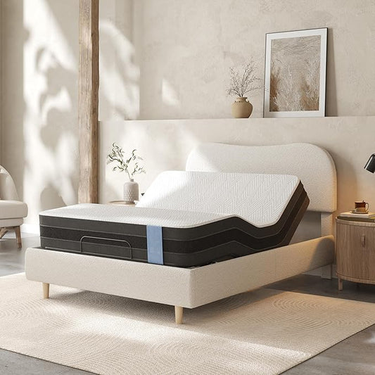 FLEXISPOT Queen All-in-One Adjustable Bed with 10" Cooling Gel Memory Foam Mattress, Boucle Bed Frame, Head & Foot Incline, Adjustable Headboard, Thick Padding, 10-Year Warranty, White