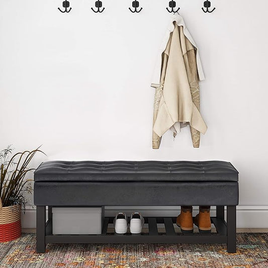 SIMPLIHOME Cosmopolitan 44 inch Wide Transitional Rectangle Storage Ottoman Bench with Open Bottom in Distressed Black Vegan Faux Leather, Assembled for the Living Room and Bedroom
