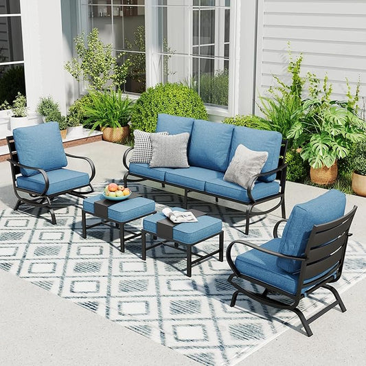 Sophia & William Patio Furniture Sets 5 Seats Outdoor Metal Conversation Sets 5 Pcs with 2 x Cushioned Swivel Sofa Chairs,1 x 3-Seat Sofa,2 x Ottomans for Coffee Lawn Backyard Poolside Navy