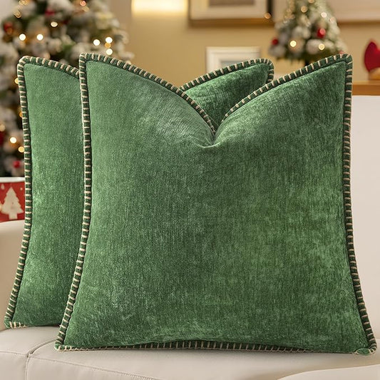 decorUhome Christmas Chenille Soft Throw Pillow Covers 16x16 Set of 2, Farmhouse Velvet Neutral Decorative Euro Fall Pillow Covers with Stitched Edge for Couch Sofa Bed Home Decor, Forest Elf