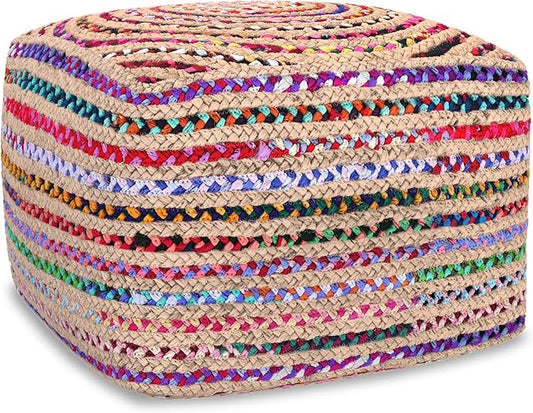 SIMPLIHOME Margo Square Pouf - 20 inch Wide Handwoven Jute and Cotton Chindi Braided Ottoman in Multi-Color, Boho-Style Footstool or Extra Seating for Living Room with Polystyrene Beads, Assembled