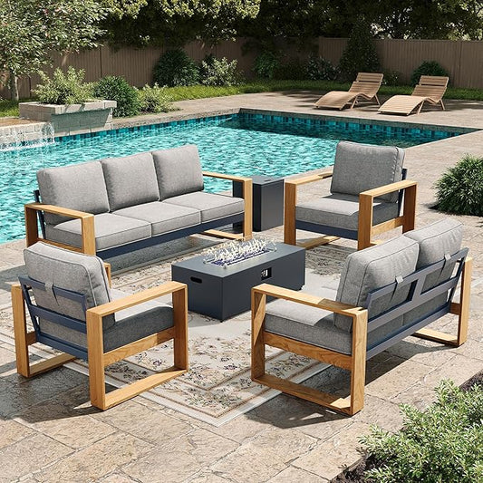 LayinSun 5 Pieces Aluminum Patio Furniture Set with Fire Pit Table, Oversized Seat with Hight Back, Outdoor Conversation Sets for Porch, Balcony, Deck