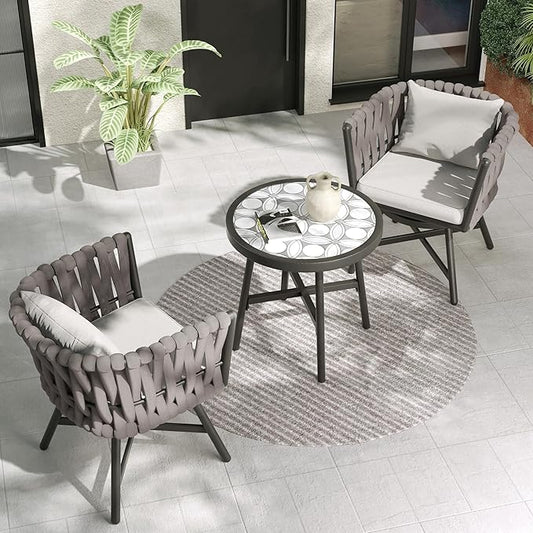 Grand patio Dining Chair Set of 3, Swivel Rope Armchairs with Cushions and Round Side Table with Tile Tabletop, Wicker, Indoor Outdoor Modern Style, Backyard, Balcony, Light Gray Brown