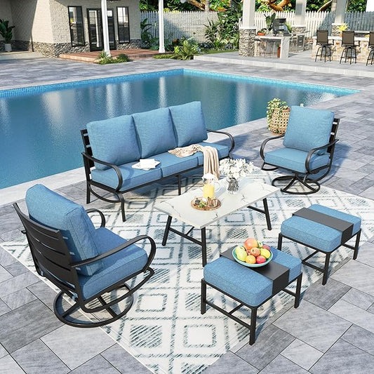 Sophia & William Patio Furniture Sets 7 Seats Outdoor Conversation Set 6 Pcs,2 x Cushioned Swivel Sofa Chairs,1 x 3-Seat Sofa,2 Ottomans, Marbling Metal Coffee Table Patio Backyard Poolside Navy