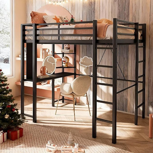 SUNLEI Metal Loft Bed Frame with Desk, Full Size Loft Bed with 2 Built-in Ladders & Safety Guard, Noise Free for Small Bedroom, Classic Black