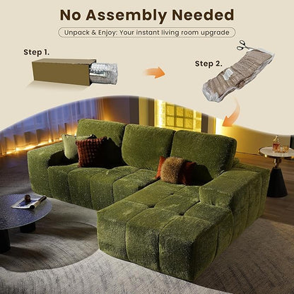 114" Glitter Cloud Sectional Couch with L-Shape Chaise, Modern Boneless Couches for Living Room Christmas Party, Fluffy Tufted Deep Seat Modular Sofa in a Box No Assembly