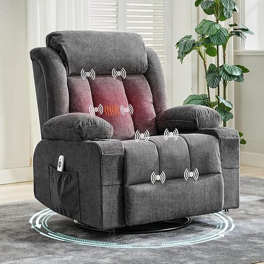 Rocking Recliner Chair with Heat and Massage, Nursery Recliner 360° Swivel Oversized Chairs for Adults, Lazy Boy Single Sofa Seat with 3 Positions, 2 Side Pockets, Cup Holders, and USB Ports, Grey