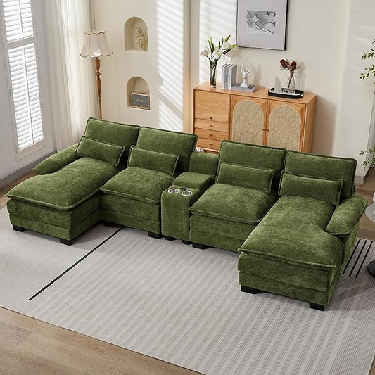 U Shaped Sectional Sofa with Storage Console, Cup Holders & USB Ports, Small Modular Cloud Couch with Deep Seats, Modern Comfy Living Room Sofa for Apartment, Chenille Green