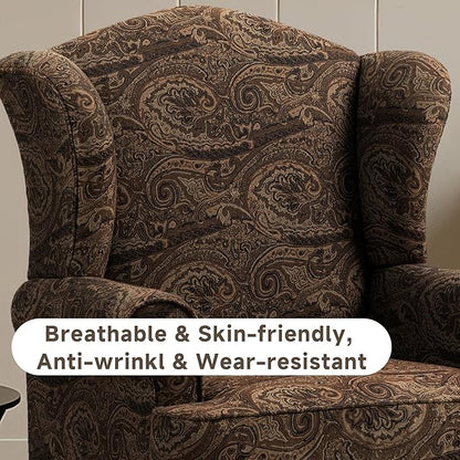 Pia Ricco High Back Floral Accent Chair, Upholstered Fabric Armchair with Solid Wood Legs - Retro Living Room Reading Chair, Comfortable Single Sofa Seat-Cranberry