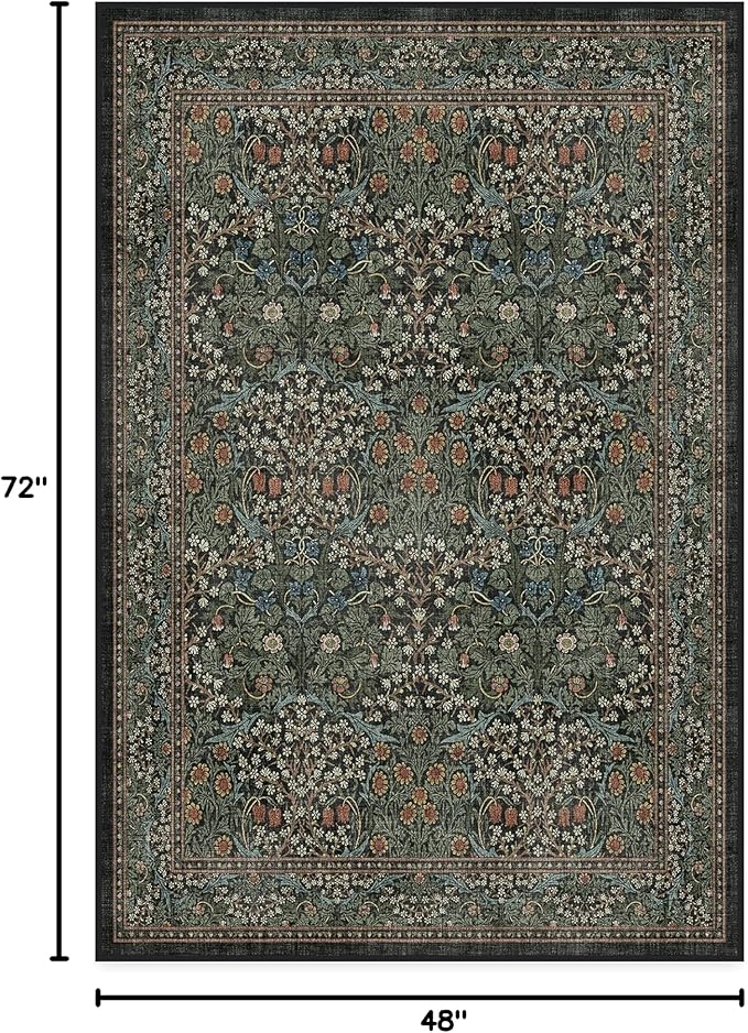 RUGGABLE x Morris & Co Washable Area Rug– Blackthorn Forest Green 4x6, Stain-Resistant, Non-Slip – Medium Machine Washable Rugs for Living Room, Bedroom, Hallway, Entryway & Office–with Cushioned Pad