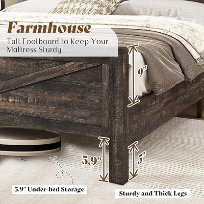 AMERLIFE Farmhouse Queen Bed Frame, Rustic Wood Platform Beds w/Barn Door Storage Bookcase Headboard & Charging Station, Bedroom Furniture, No Box Spring Needed, Dark Oak