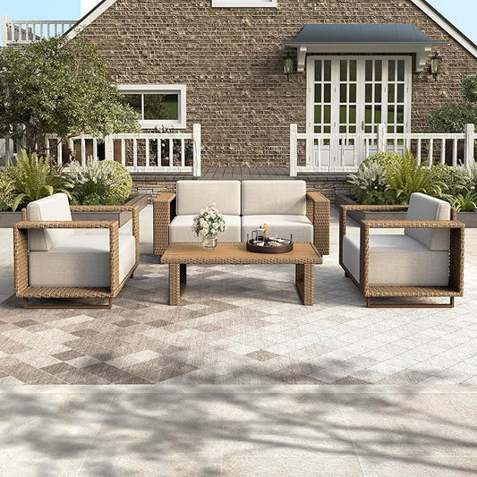 HERA'S HOUSE 5 Pieces Sectional Outdoor Patio Furniture Set, Modular Patio Conversation Set with 2 All Weather Rattan Wicker Sofas with 5.3" Widened Armrest, 2 Comfy Armchairs, and 1 Coffee Table