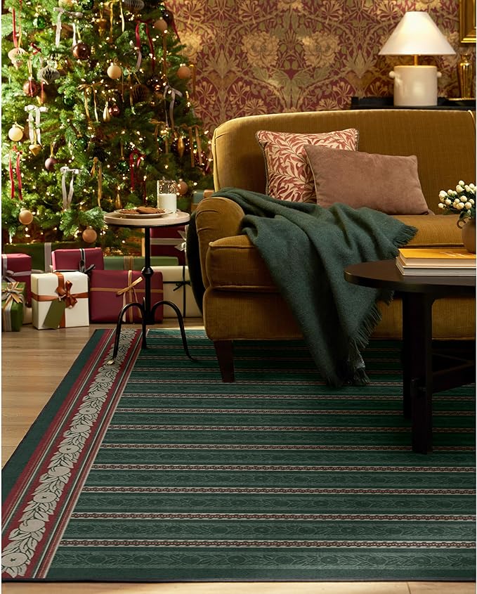 RUGGABLE x Morris & Co Machine Washable Christmas Area Rug– Fruit Stripe Spruce Green 3x5, Stain-Resistant, Non-Slip– Small Rugs for Living Room, Bedroom, Hallway, Entryway & Office–with Standard Pad