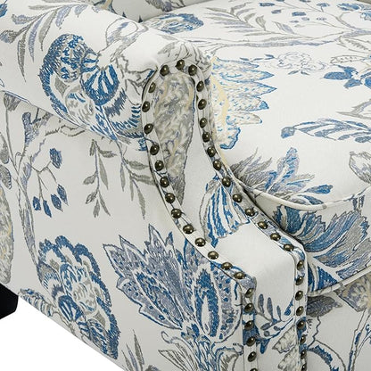 Pia Ricco High Back Floral Accent Chair - Retro Wingback Upholstered Armchair with Nailhead Trim, Solid Wood Legs, Fabric Living Room Bedroom Reading Chair (Plants Blue)