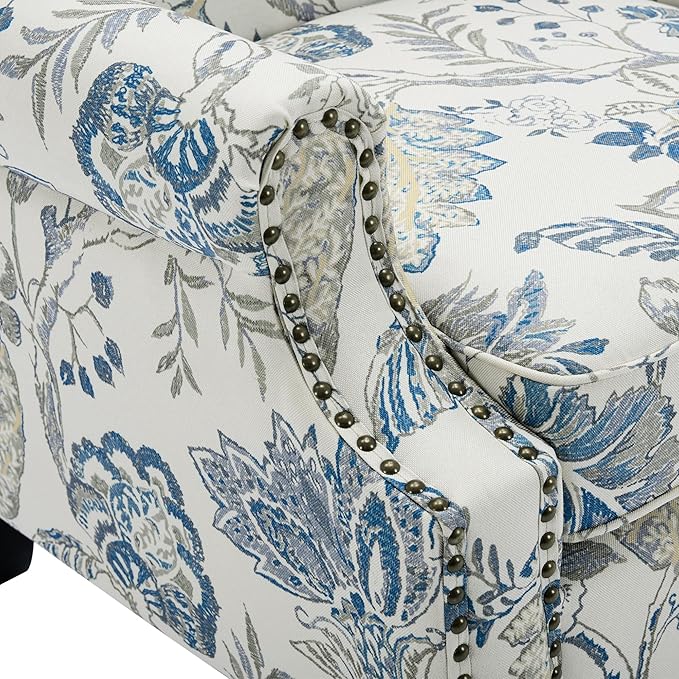 UIXE High Back Floral Accent Chairs Set of 2, Upholstered Armchair in Fabric, Retro Printed Wingback Arm Chair for Living Room, Nailhead Trim Single Sofa Bedroom Reading Seat - Plants Blue
