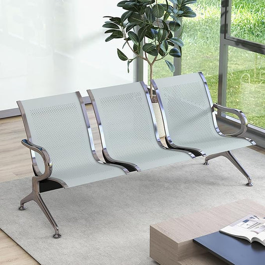 Kinsuite 3-Seat Reception Chairs - Waiting Room Chairs with Arms & Stainless Steel Frame, Waiting Room Bench Lobby Chairs for Office Airport Bank Hospital, Silver