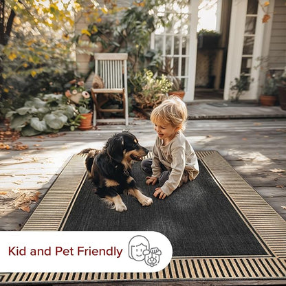 nuLOOM 4' x 6' Outdoor Area Rug, Casual Design With Striped Border, Stain Resistant, Highly Durable, For Patio, Balcony, Bedroom, Living Room, Dining Room, Bathroom, Dark Grey