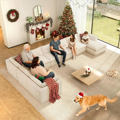 Vesgantti 141.7" Oversized Sectional Boneless Couch, 7 Seater Modular Sofa with Chaise & Ottoman & Armrest, Deep Seat Plush Corduroy Cloud Couches for Living Room, No Assembly Required, Beige