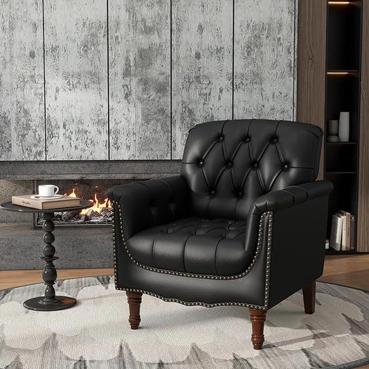 Lumibee Faux Leather Armchair, Contemporary Accent Chair with Nailhead Trims & Wood Legs for Living Room, Upholstered Comfy Arm Chair for Office,Bedroom-Black