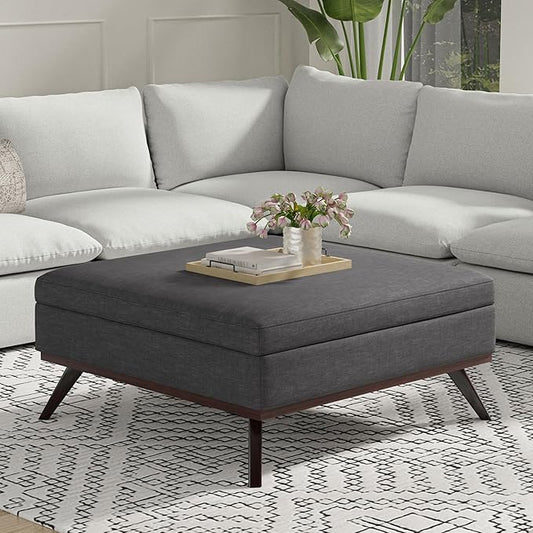 SIMPLIHOME Owen 40 inch Wide Mid Century Modern Square XL Coffee Table Storage Ottoman in Slate Grey Polyester Fabric, Assembled, for The Living Room, Entryway and Family Room