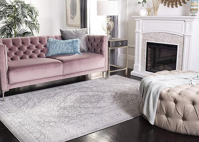 SAFAVIEH Reflection Collection Area Rug - 6'7" Square, Light Grey & Cream, Non-Shedding & Easy Cleaning, Ideal for Living Room, Bedroom (RFT668G)