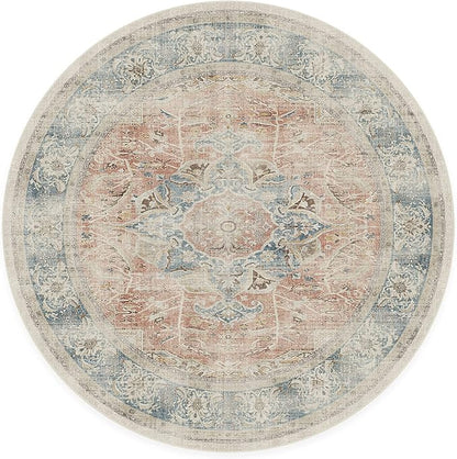 RUGGABLE Washable Vintage Area Rug – Sarrah Coral 6 ft Round, Stain-Resistant, Non-Slip – Medium Machine Washable Rugs for Living Room, Bedroom, Hallway, Entryway & Office–with Cushioned Pad