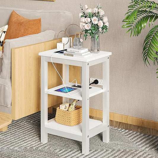 VECELO Modern Nightstands with Charging Station,Side End Table Night Stand with Storage Shelf for Small Spaces, Bedroom,Living Room