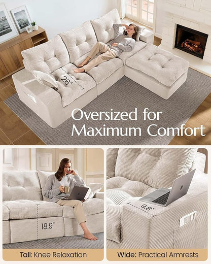 High Back Boneless Couch, Oversized U Shaped Cloud Couch with Versatile 2-Pack Pillow Blankets, Corduroy Modular Sectional Sofa with Ottoman, No Assemble Sectional Couches for Living Room
