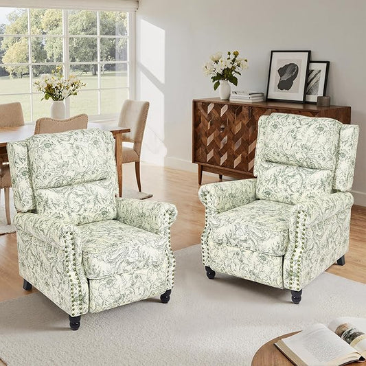 Lumibee Recliner Chairs Set of 2, Wingback Recliner Chairs for Living Room, Modern Upholstered Fabric Pushback Armchairs with Adjustable Backrest & Footrest for Small Spaces,Bedroom-Rococo Green